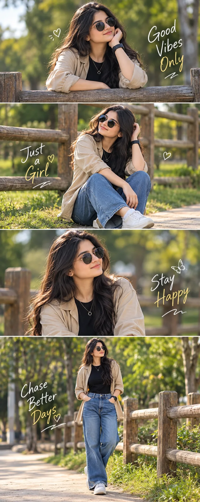 { "category": "portrait_creator", "category_reasoning": "Multi-panel collage of a single subject in a casual outdoor setting with text