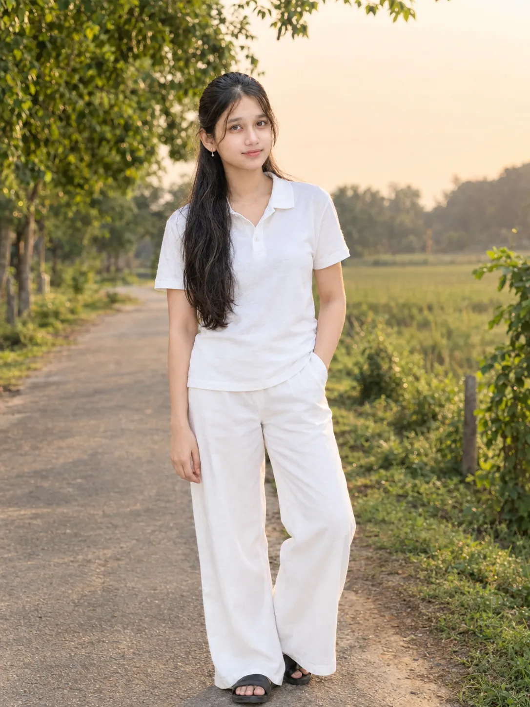 A highly detailed cinematic photograph of a young woman standing on a quiet village path during late afternoon.