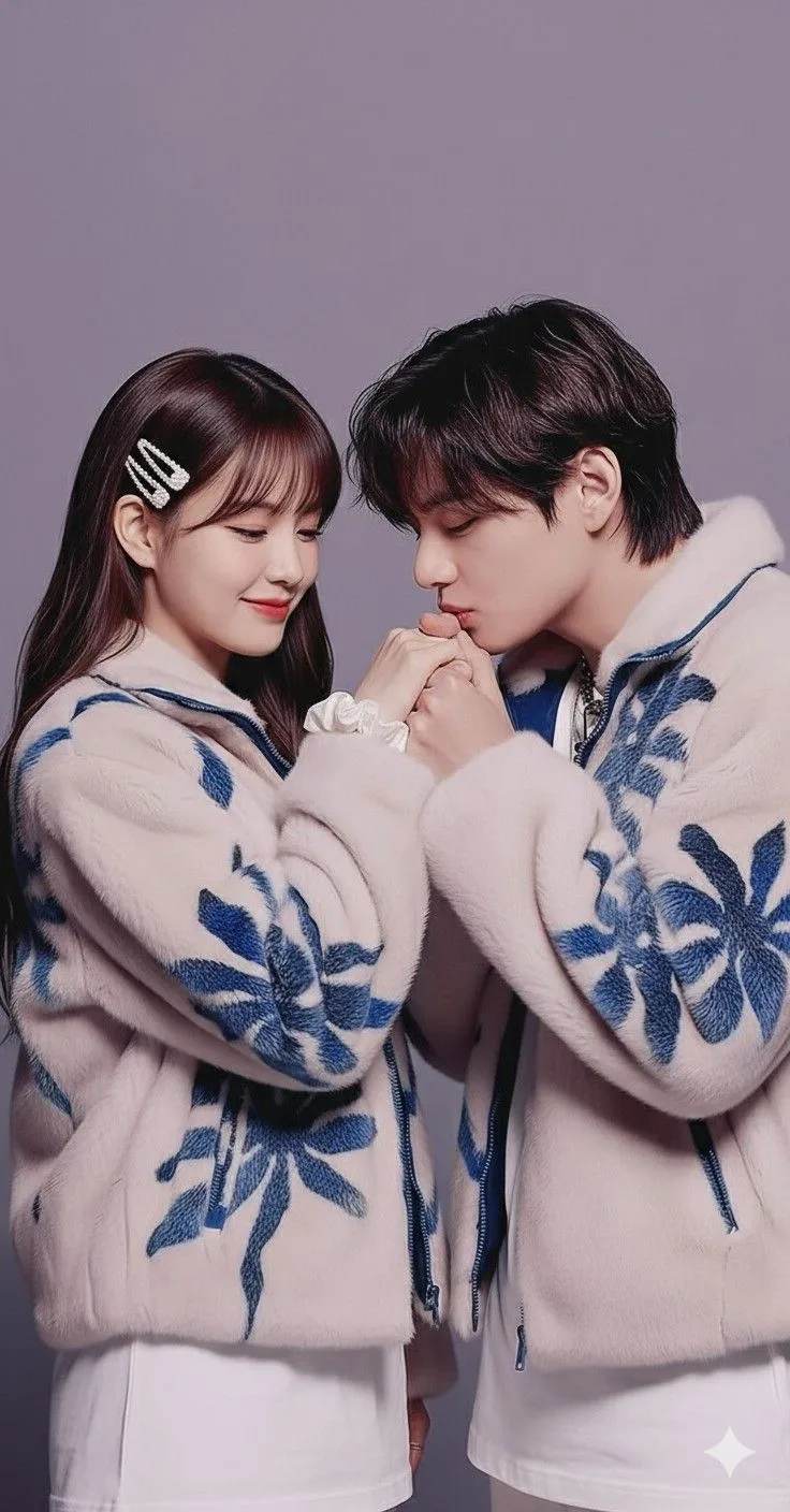A professional, intimate studio winter portrait photograph capturing a romantic moment between a handsome young East Asian man and a