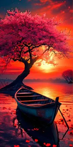 A beautiful wooden boat floating on a calm lake during a vibrant crimson sunset.