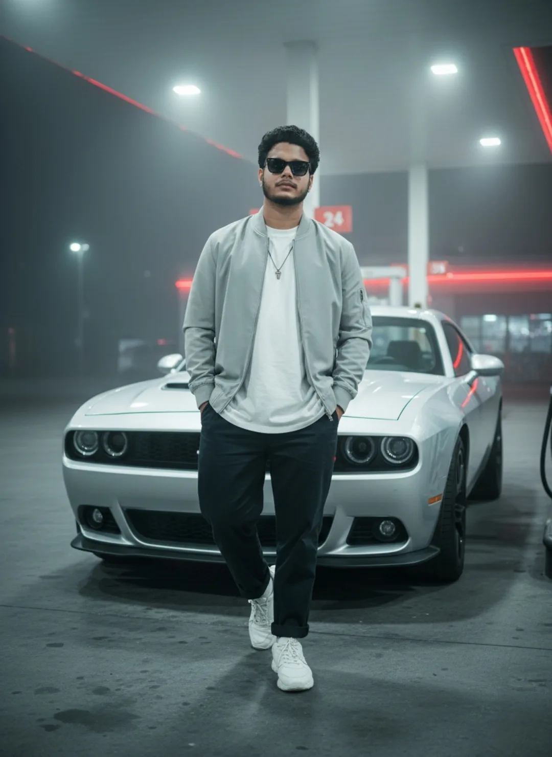 A confident young South Asian man with short curly black hair, full beard, and black sunglasses standing centered in the foreground with