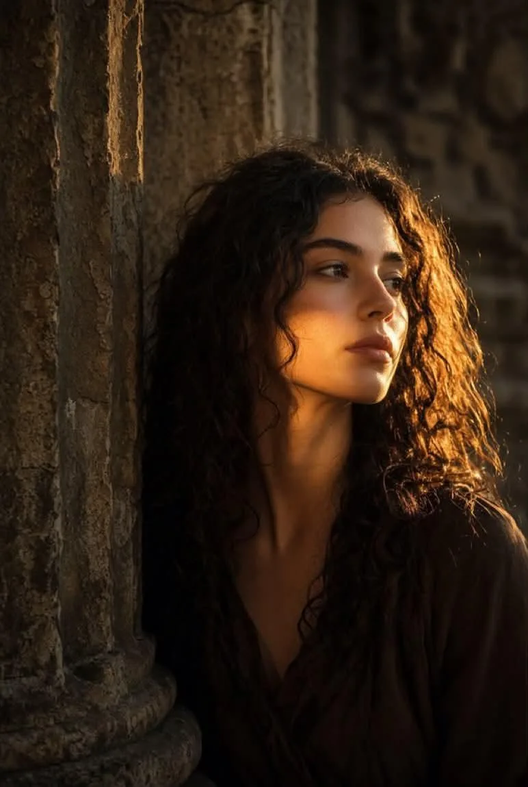 A cinematic, dramatic medium portrait of a young Mediterranean woman with long, voluminous dark curly hair, leaning gently against a