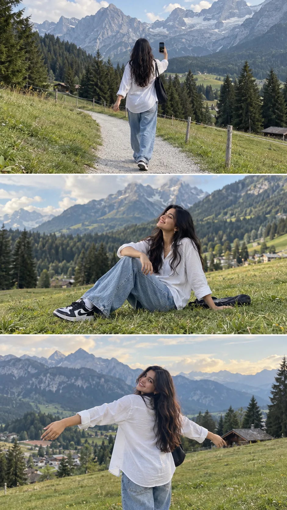 Ultra-realistic DSLR travel photography collage, vertical Instagram Reel cover (9:16 ratio), 3 equal horizontal cinematic panels, same