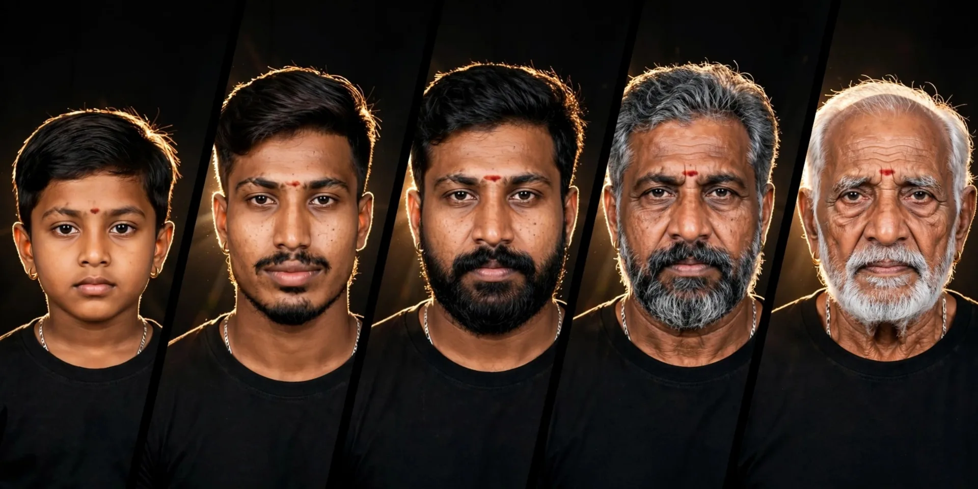 A high-quality studio photograph presented in a multi-panel collage format, separated by five diagonal slices against a solid black