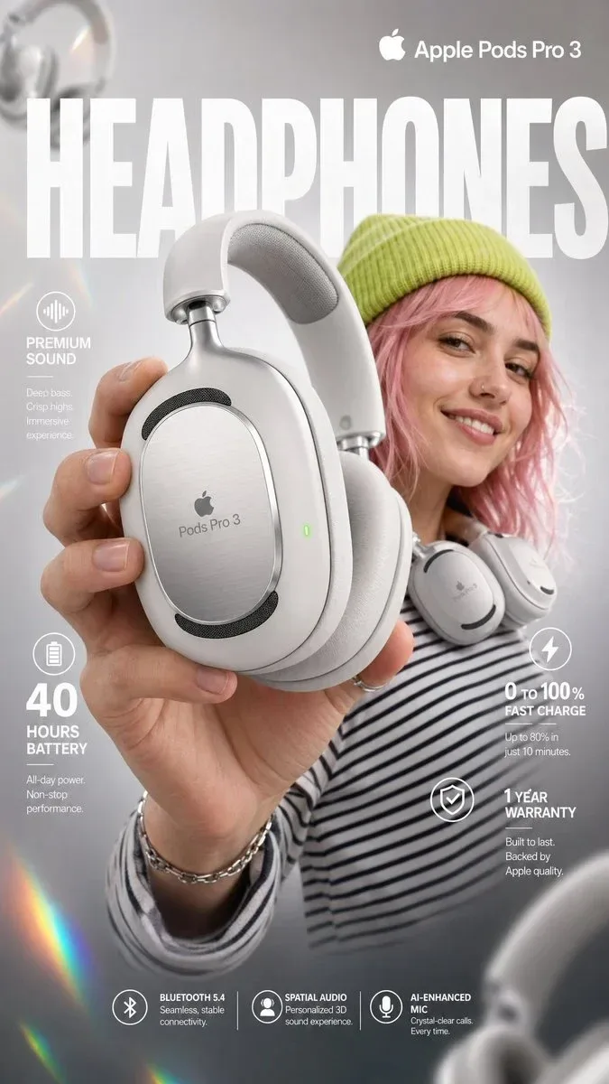 High-impact e-commerce infographic for "Apple Pods Pro 3" premium wireless over-ear headphones.