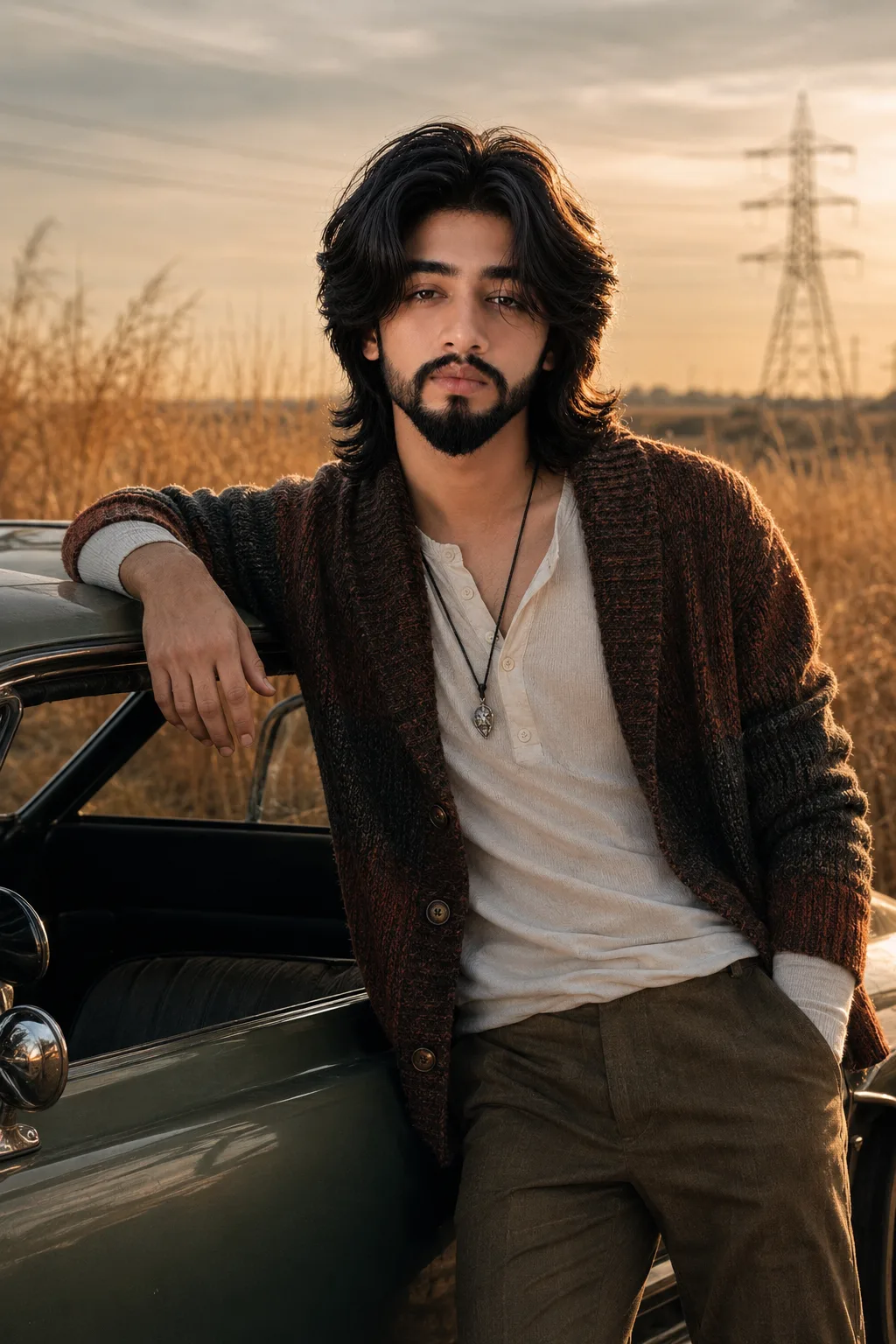A cinematic golden-hour countryside portrait of a young man leaning casually against a vintage car, one arm resting on the open door frame,
