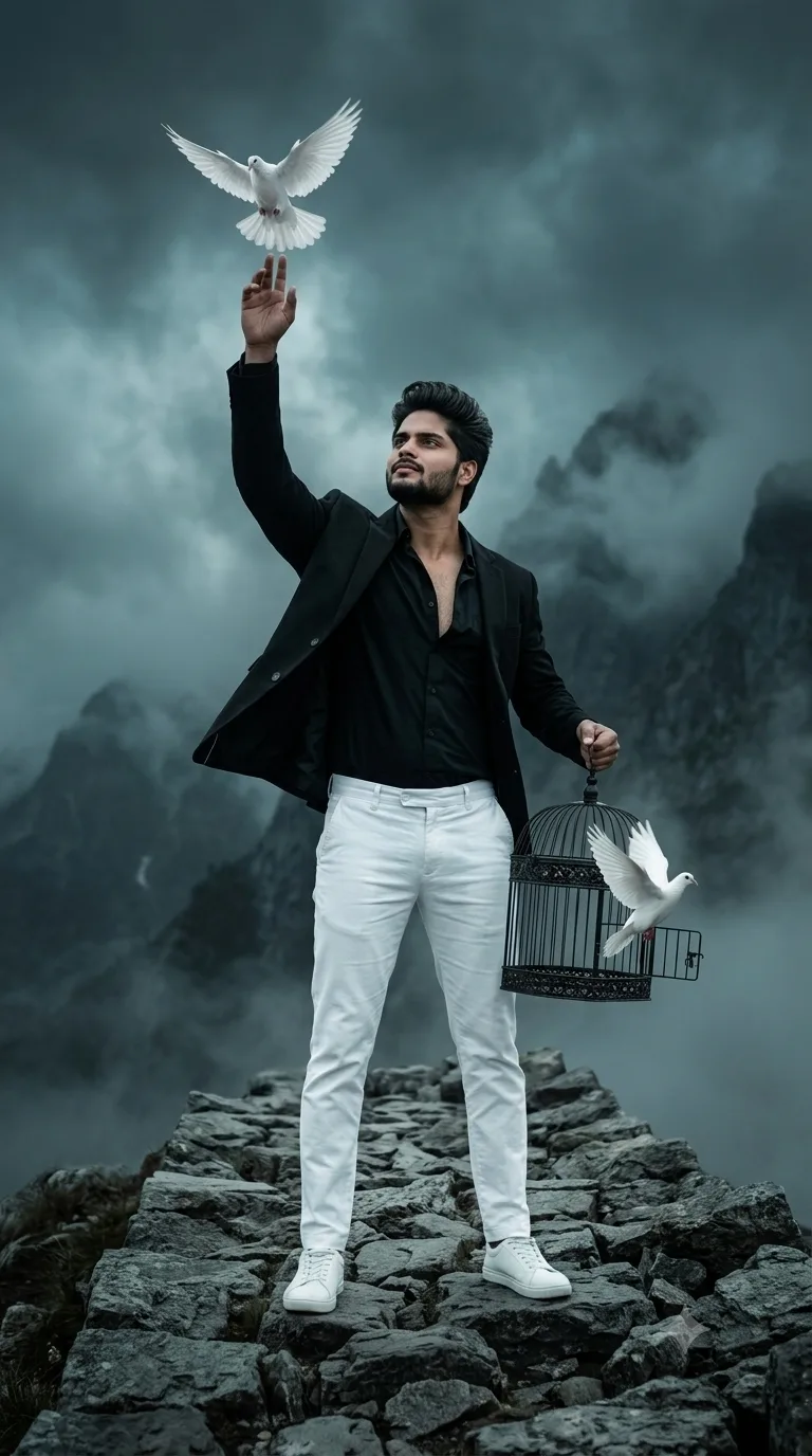 A powerful, full-body cinematic portrait of a handsome man with a neatly trimmed beard and a stylishly swept-back modern hairstyle,
