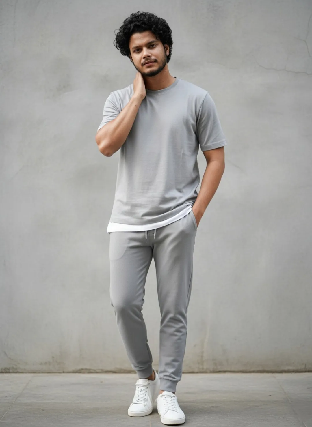 A young South Asian man with curly black hair, short beard and mustache, standing confidently against a plain light gray concrete wall