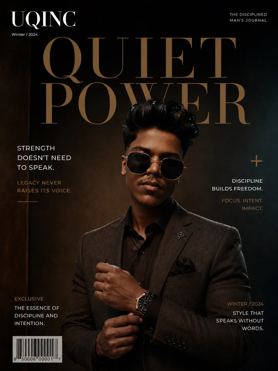 > Create an ultra-realistic premium luxury men's fashion magazine cover titled “UQINC”.