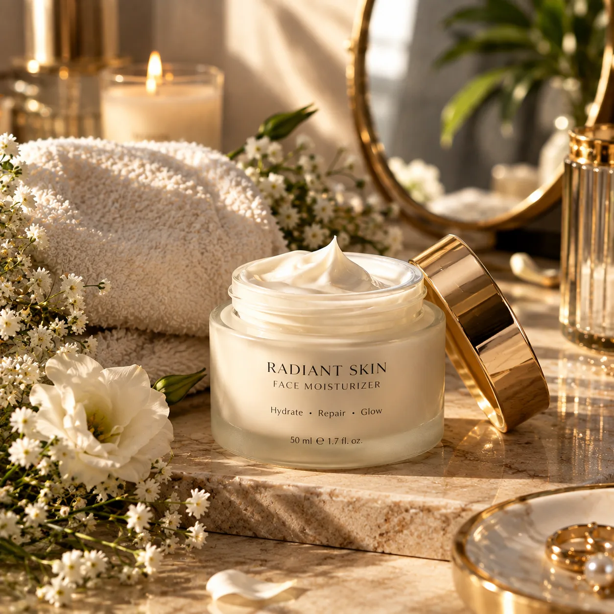 Create a photorealistic luxury skincare product photograph featuring an open frosted ivory face moisturizer jar filled with rich white