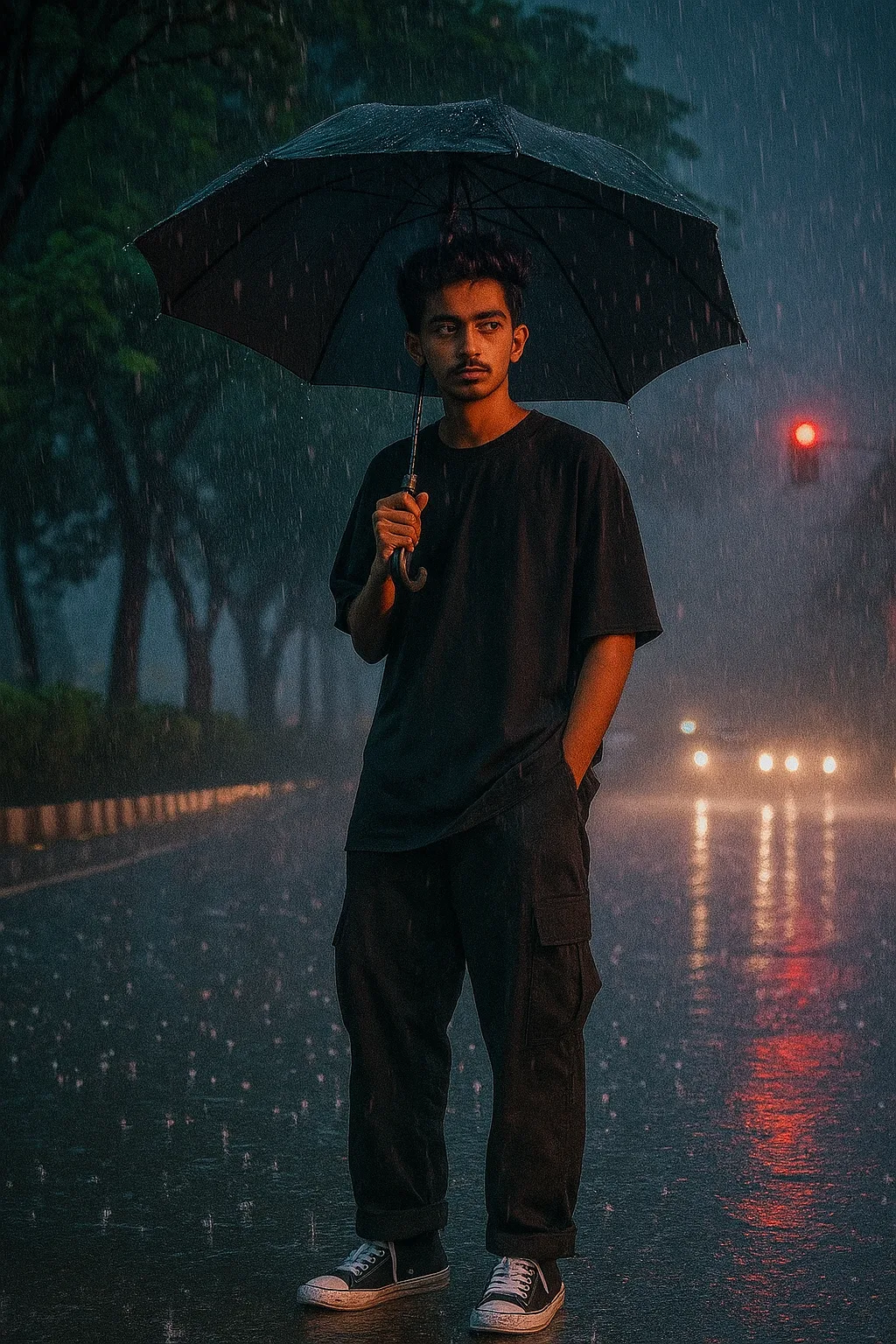 Wearing an oversized black t-shirt, black box pants, snekers.using an umbrella on the sidewalk about to cross the road at a red light, many