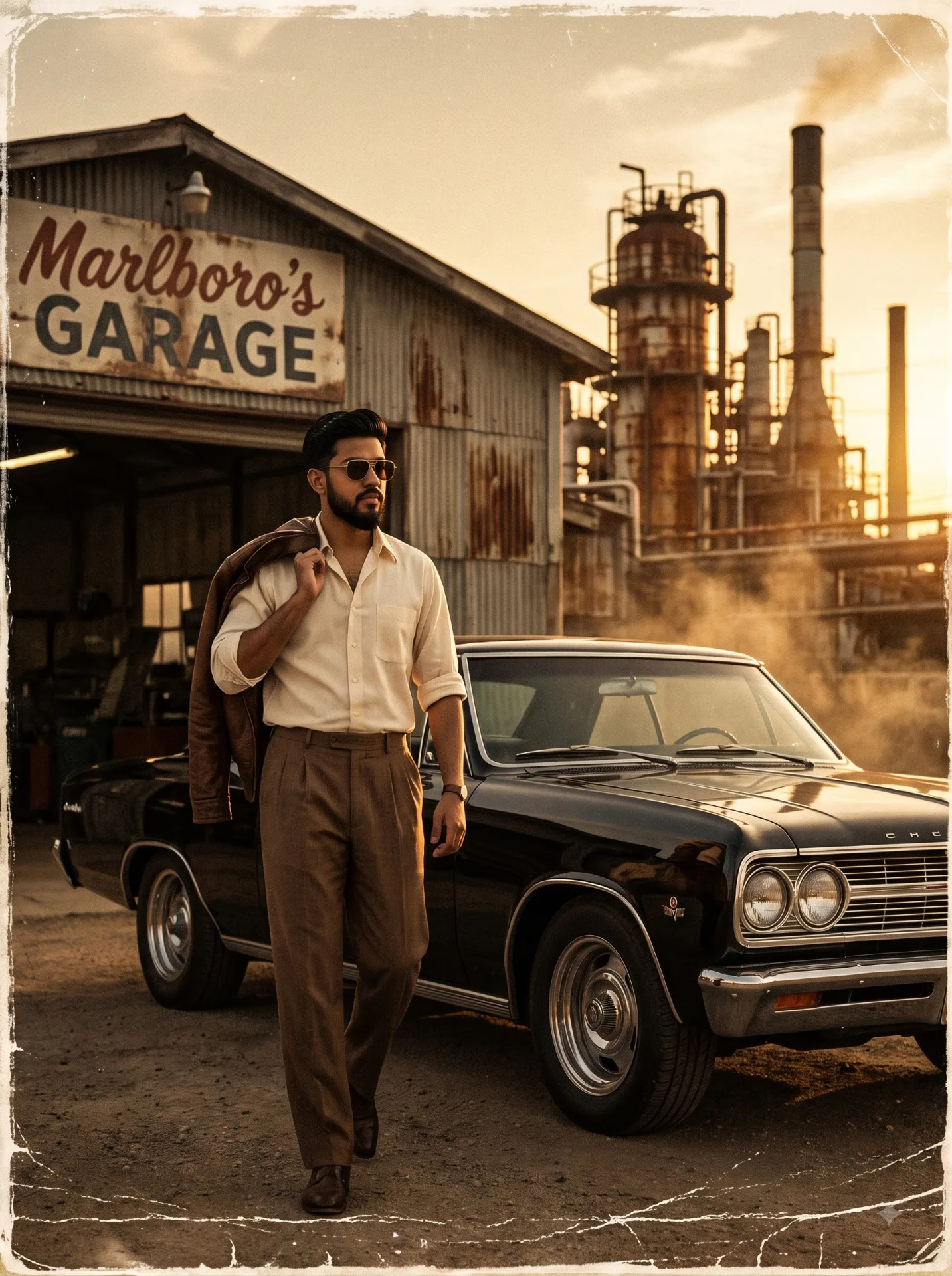 👉🏻Ultra-realistic cinematic 2:3 vintage automotive portrait, young South Asian man in cream rolled-sleeve shirt, brown pleated trousers,
