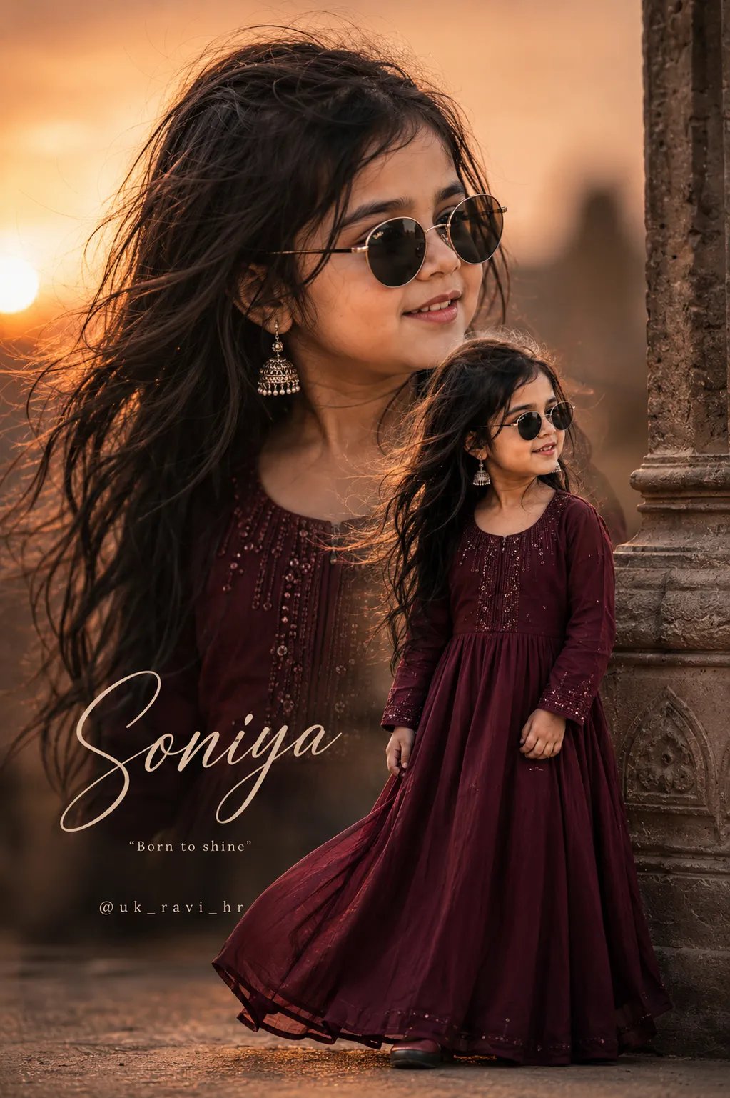 @gemini_prompts_ai @chatgpt_prompt.ai "Ultra-realistic stylish portrait poster of a beautiful young Indian baby girl wearing a deep maroon