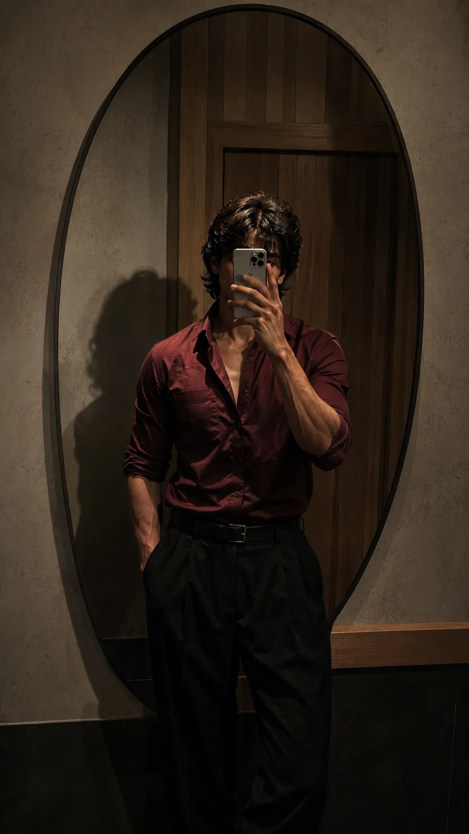 Prompt: Photorealistic cinematic mirror selfie of a young adult man with an athletic, muscular physique, standing indoors in front of a