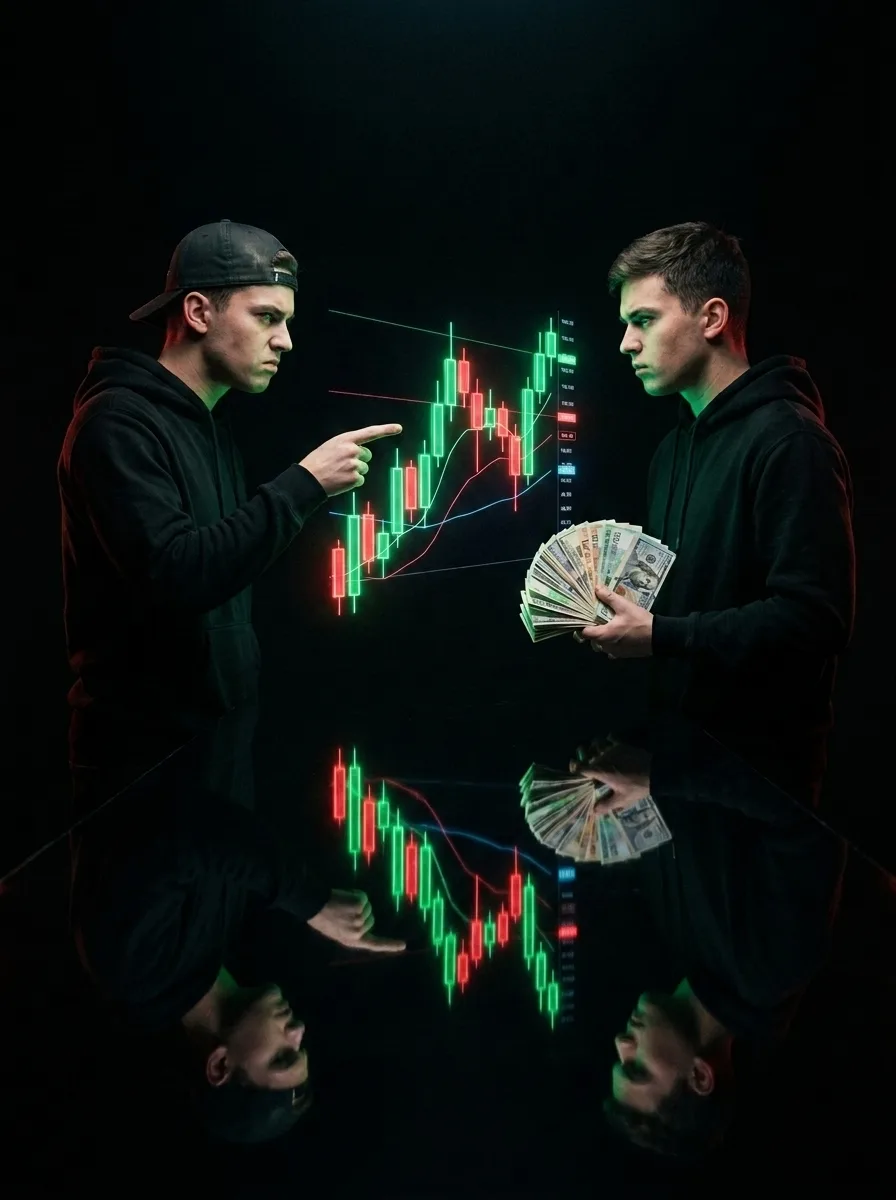 A dark cinematic photo of a young trader facing his own clone in a pitch-black room, with no text or logo at the bottom.
