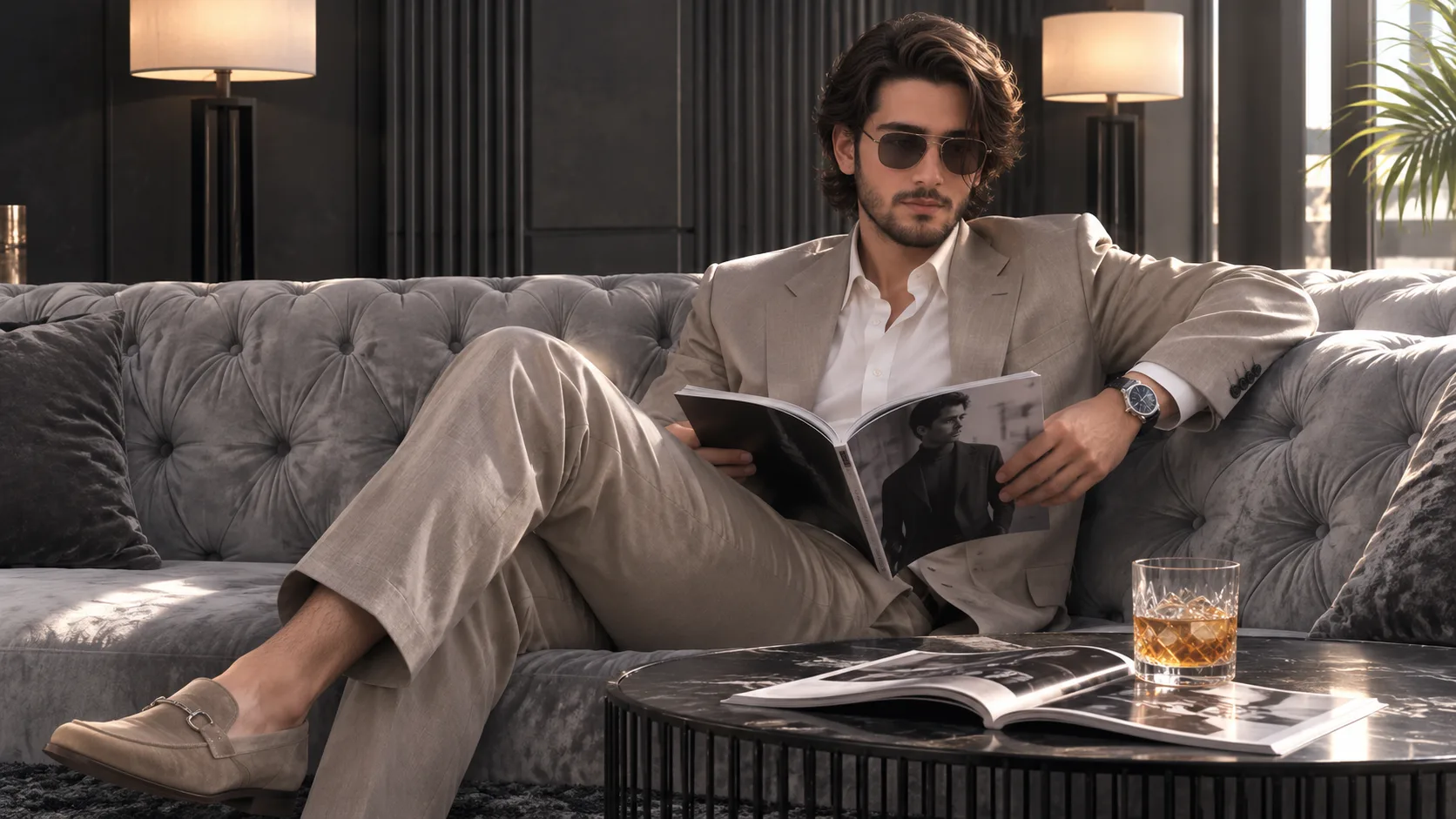 Create a highly photorealistic luxury lifestyle editorial photograph of a sophisticated, handsome adult man sitting casually on a large