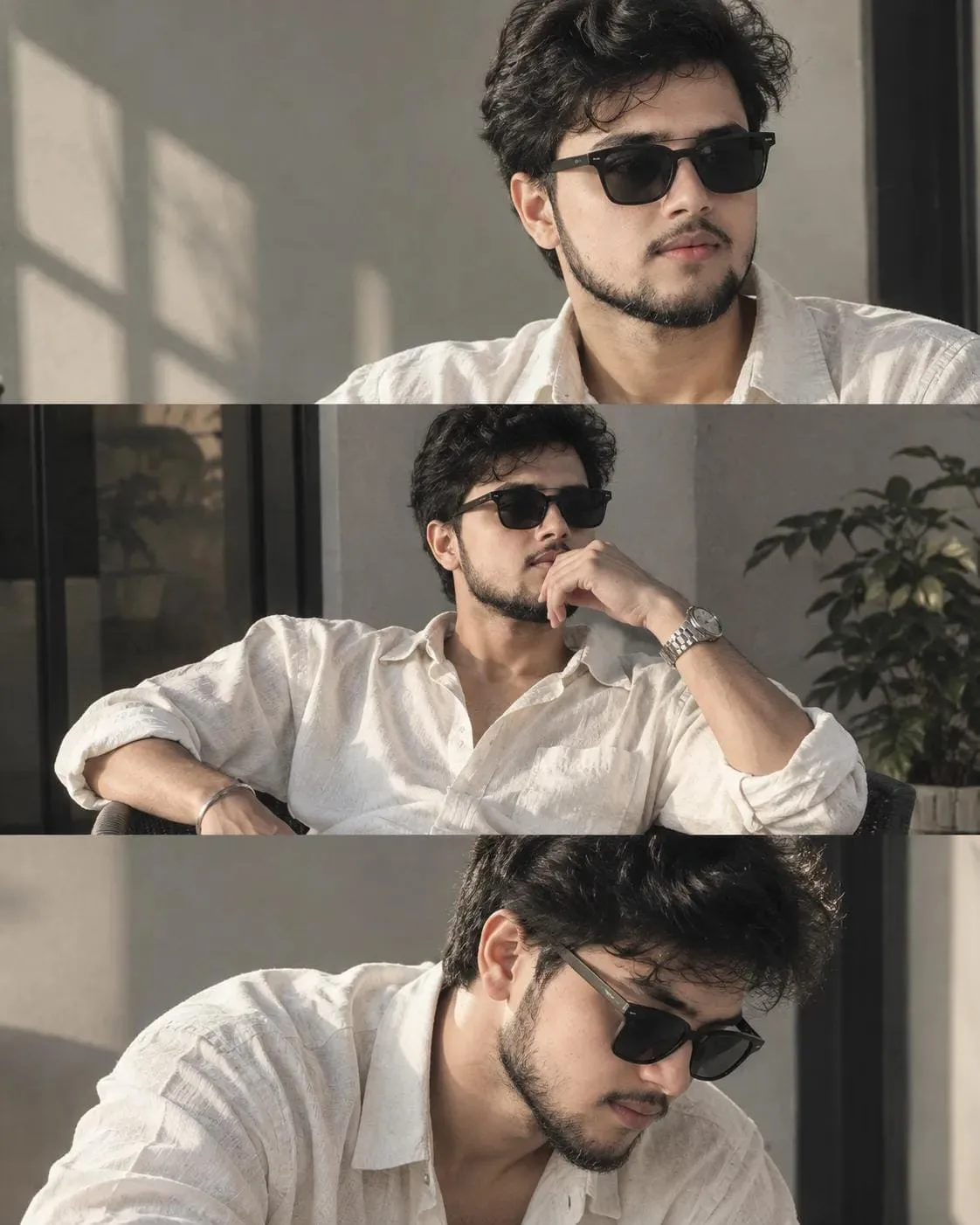 Prompt: Photorealistic cinematic 3-shot boys portrait collage, handsome young South Asian man, wavy black hair, short beard, black