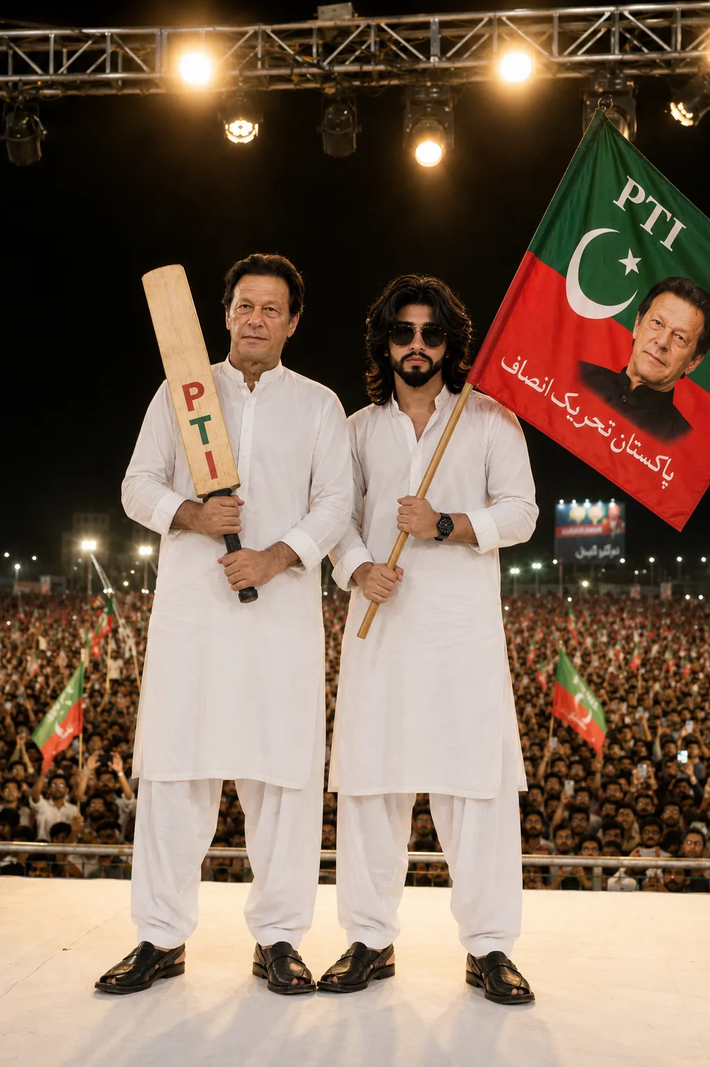 "A professional-quality, full-body photograph taken at a political rally at night.