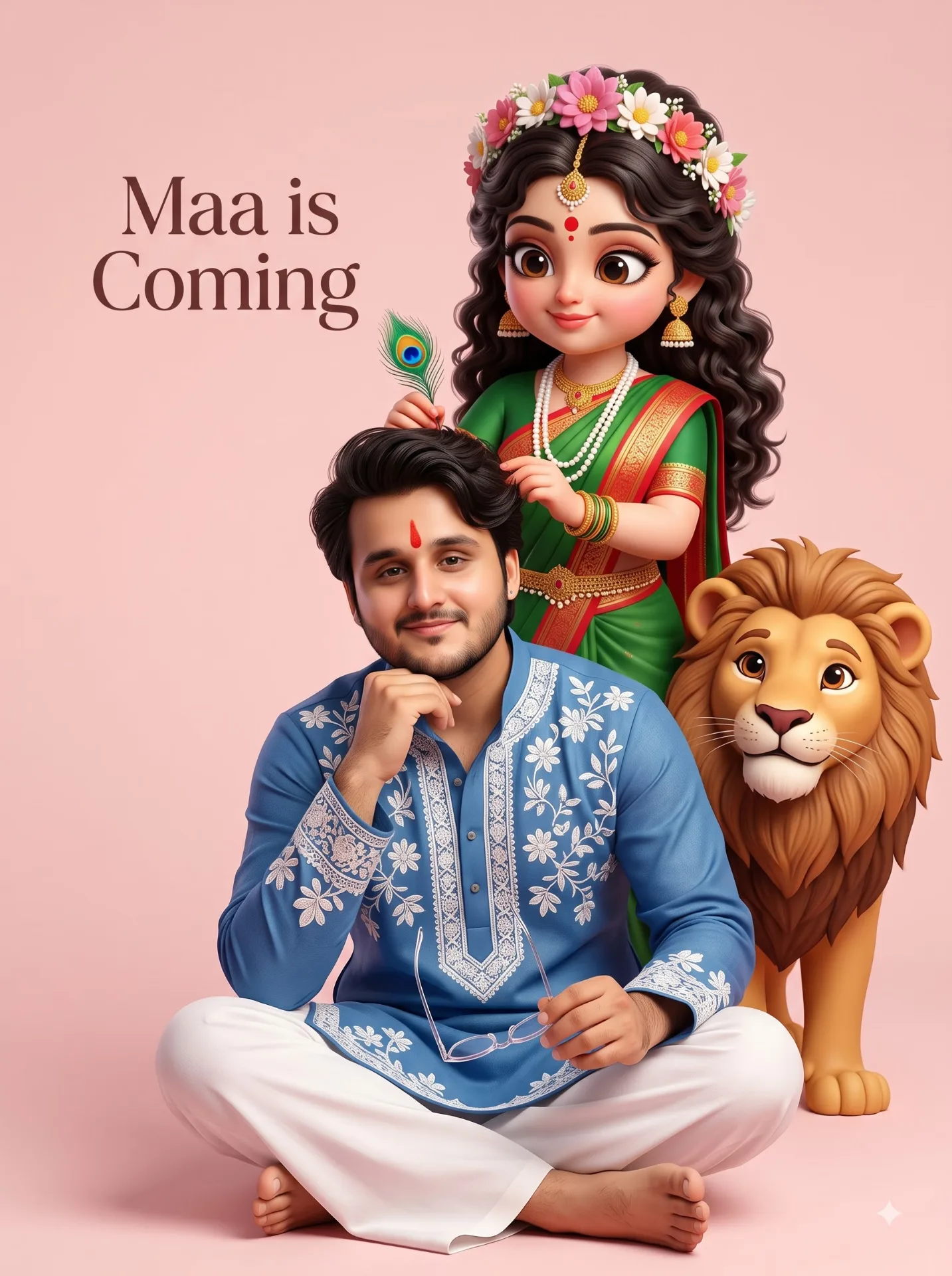 A HANDSOME 24 YEAR OLD Indian man sitting cross-legged on the floor against a solid light pink divine background, wearing a Yellow