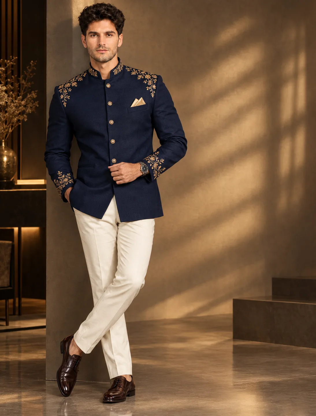 Cinematic, photorealistic medium shot of a handsome South Asian man confidently modeling a premium navy blue Jodhpuri coat with a sharp