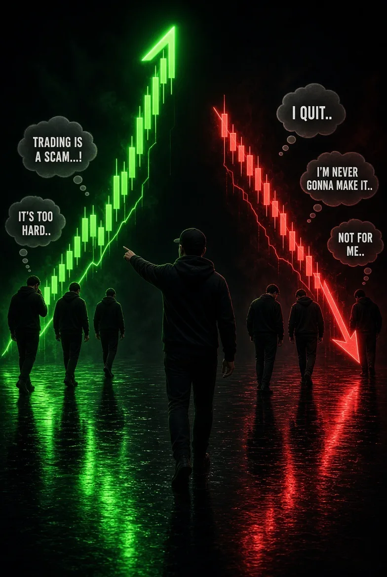 Cinematic dark motivational trading poster, hyper-realistic 3D render.