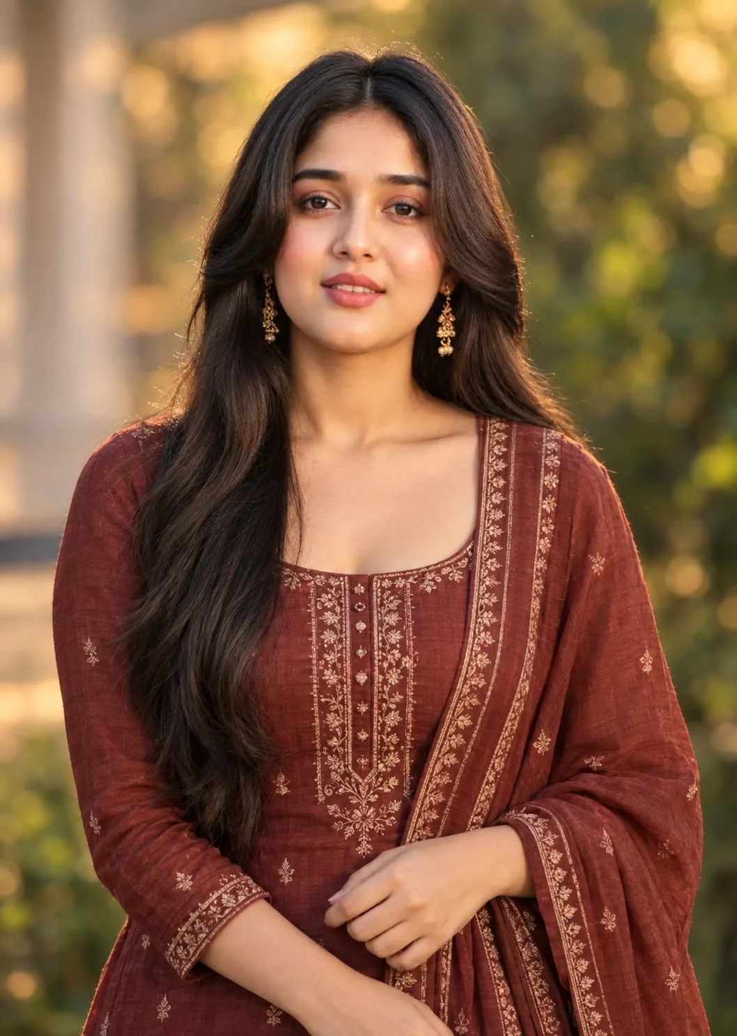 "A beautiful young Indian woman wearing an elegant brown-red kurti with matching suit set, standing in a confident and graceful photo pose,