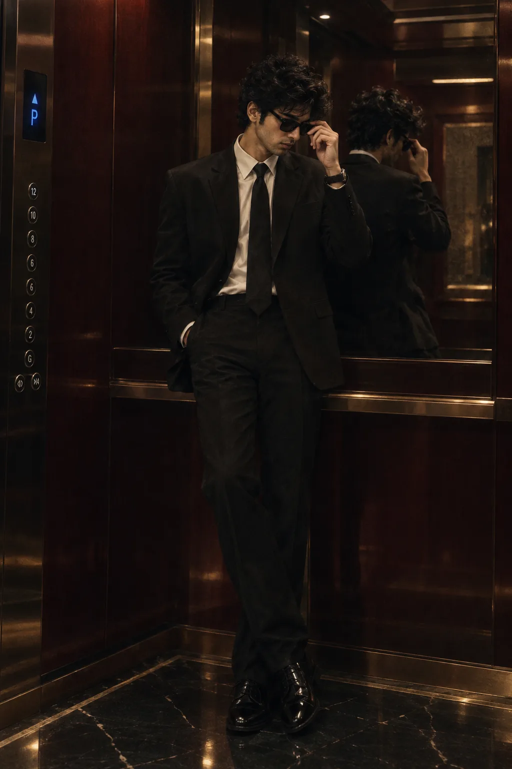 A cinematic, moody, vintage-inspired full-body portrait of a stylish man standing in a luxurious elevator, matching the reference image.