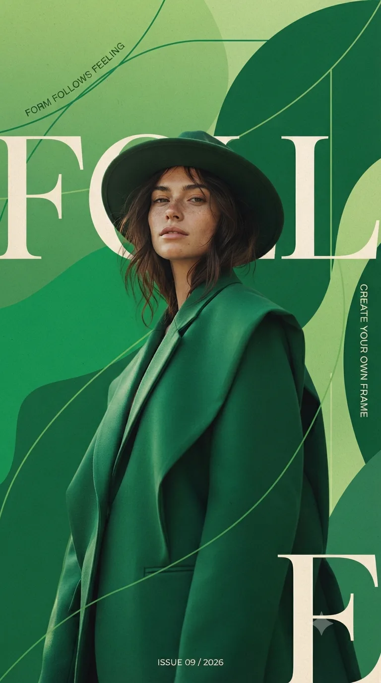 Create a unique 9:16 vertical editorial fashion poster with a rich parrot-green, vivid emerald, fresh leaf-green and subtle lime-green