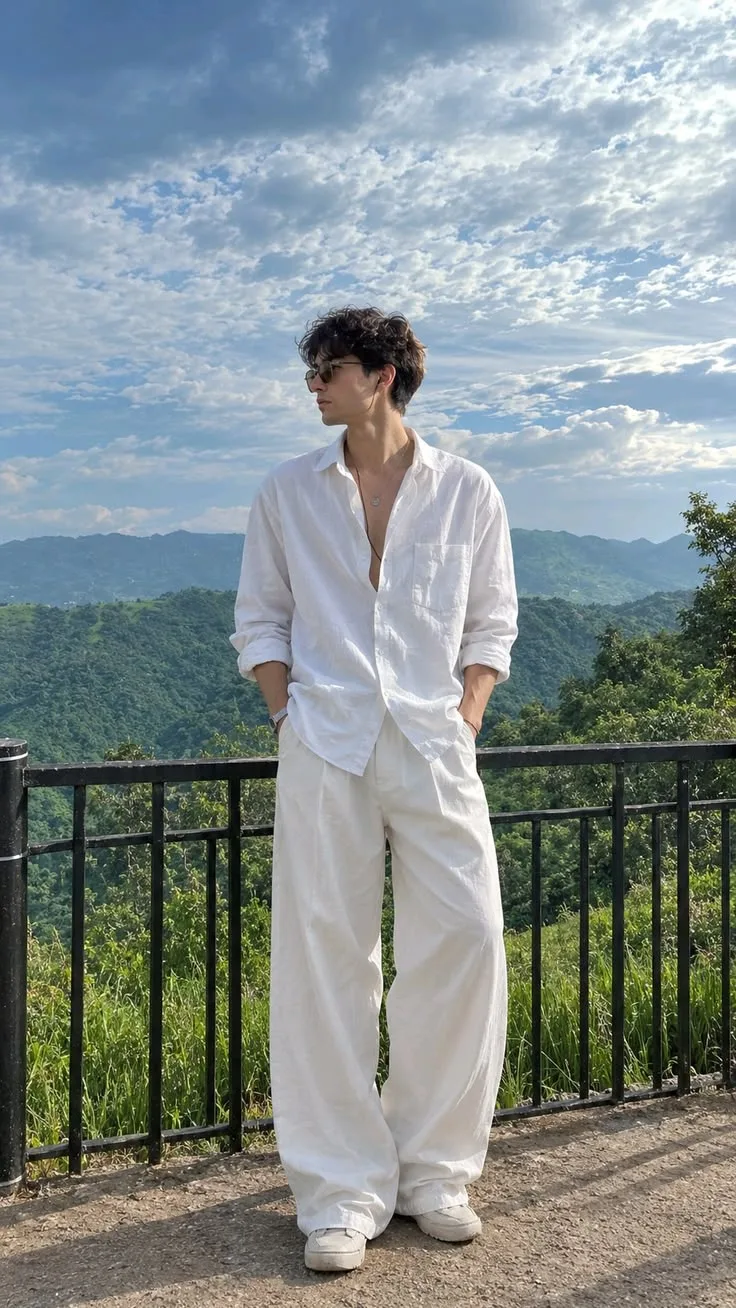 A breathtakingly handsome young male fashion model standing confidently at a scenic mountain viewpoint, surrounded by endless lush green