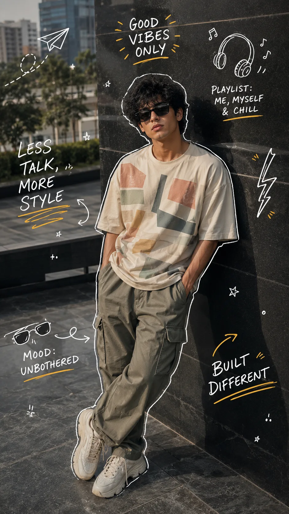 Visual Style: Ultra-realistic streetwear photography × contemporary menswear editorial × Instagram fashion poster × hand-drawn doodle art ×
