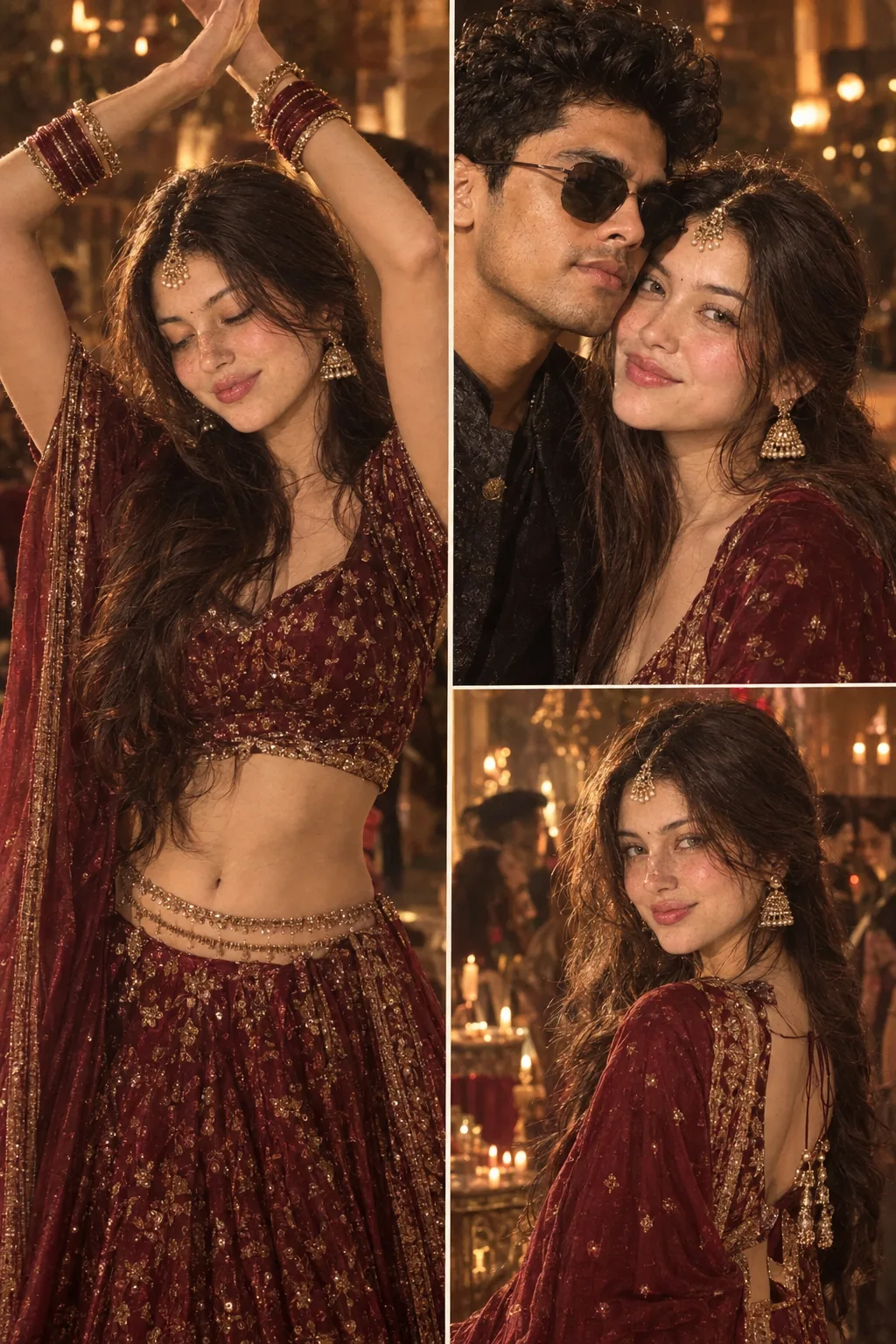 A cinematic photorealistic Indian traditional-fashion collage featuring a woman in an elegant deep burgundy and maroon embellished lehenga,