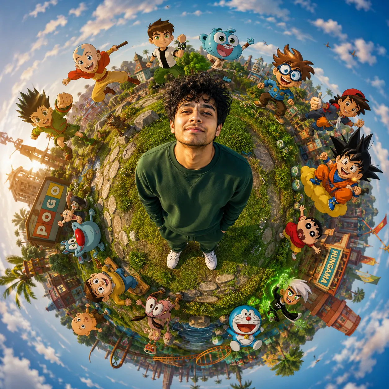 @Create image Create a hyper-realistic tiny planet fisheye scene featuring a young man standing happily at the center of a miniature 3D