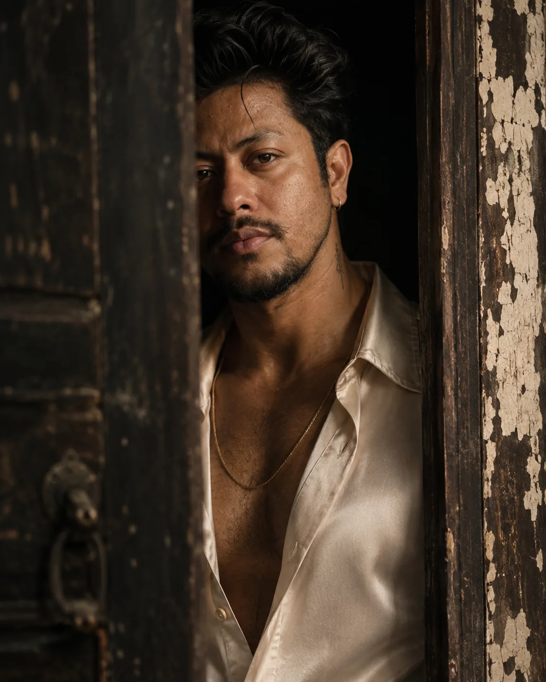 Create an ultra-realistic cinematic luxury editorial portrait of a handsome South Indian man in his late thirties standing partially