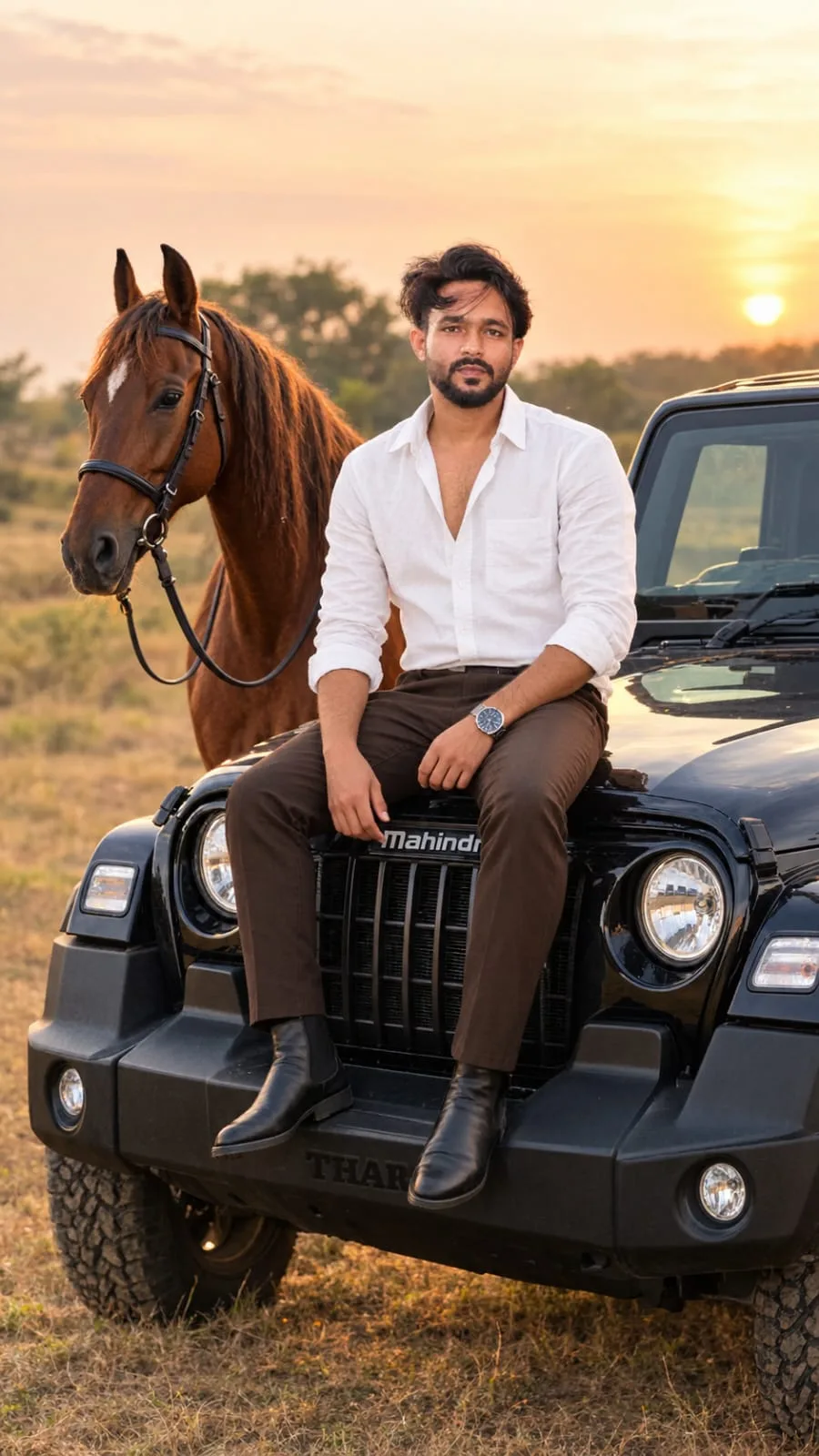Create an ultra-realistic, high-quality 4K UHD luxury lifestyle photograph of a stylish young Indian man sitting confidently on the front