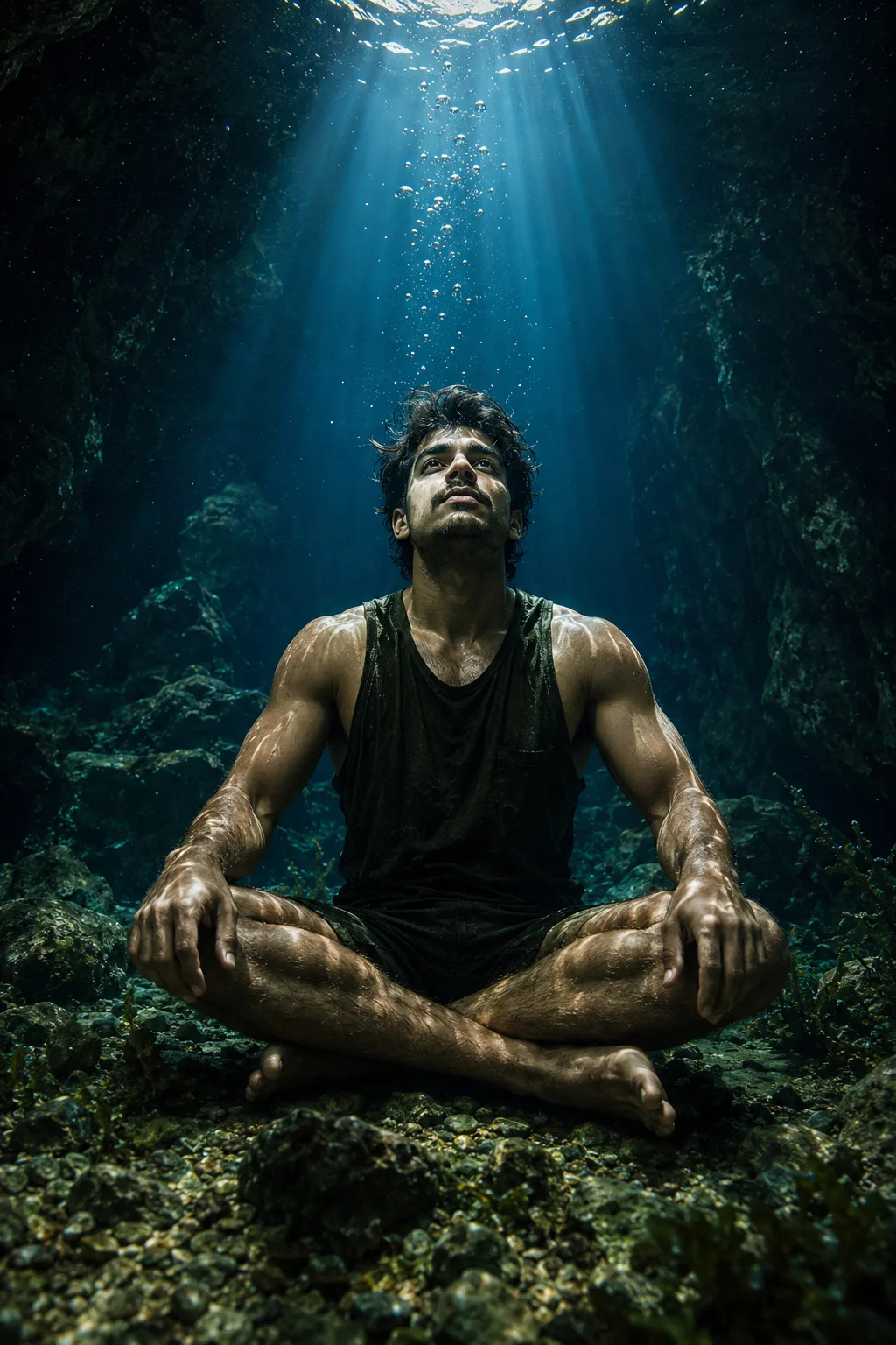Ultra-realistic cinematic underwater photograph of a young adult muscular man sitting cross-legged on the rocky floor of a deep natural