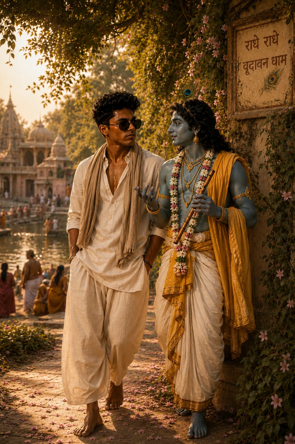 > A highly detailed cinematic photorealistic scene set in Vrindavan, India, during warm golden hour.