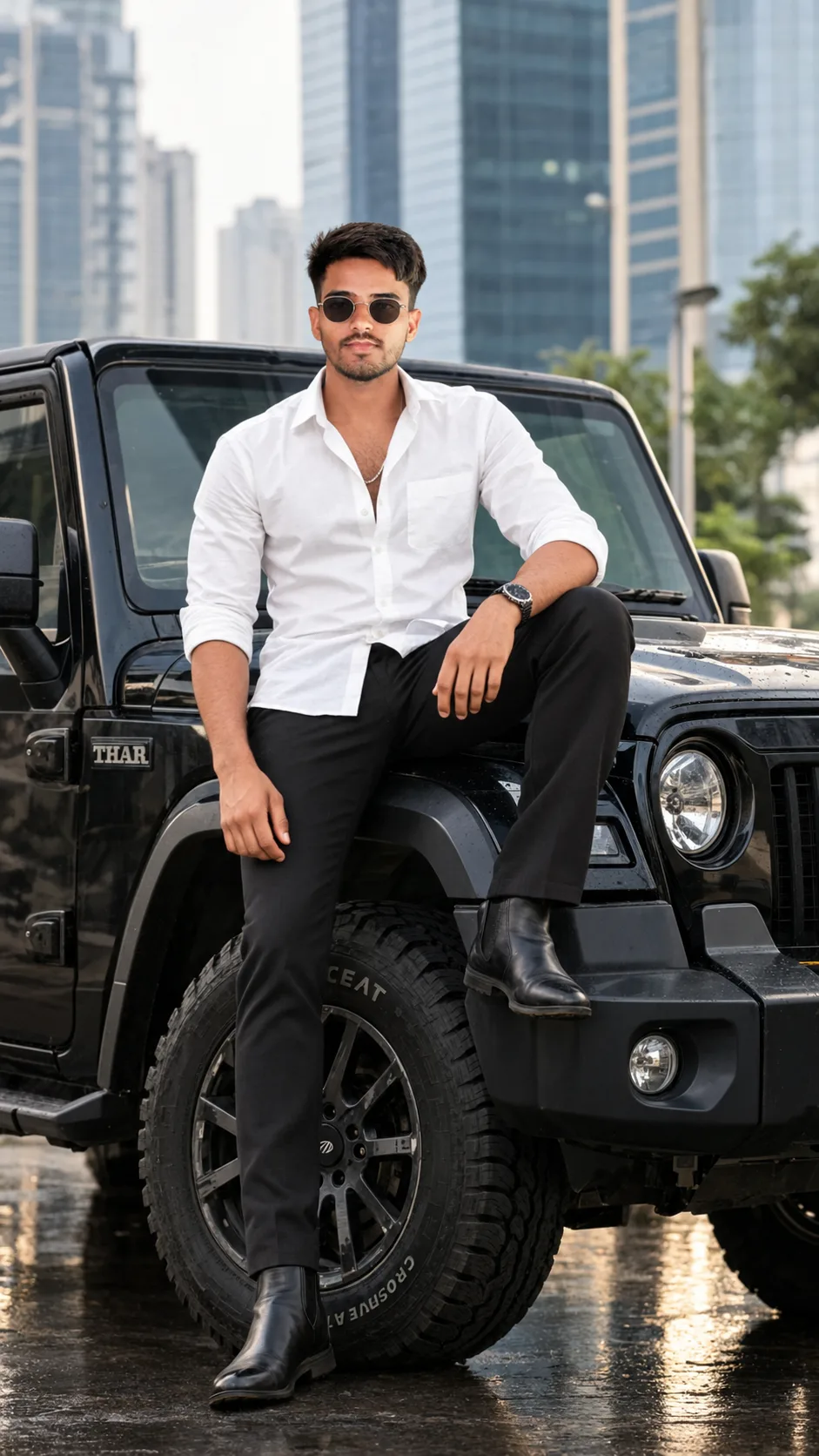 Ultra-realistic cinematic full-body portrait of a stylish young Indian man posing confidently on the front side of a black Mahindra Thar