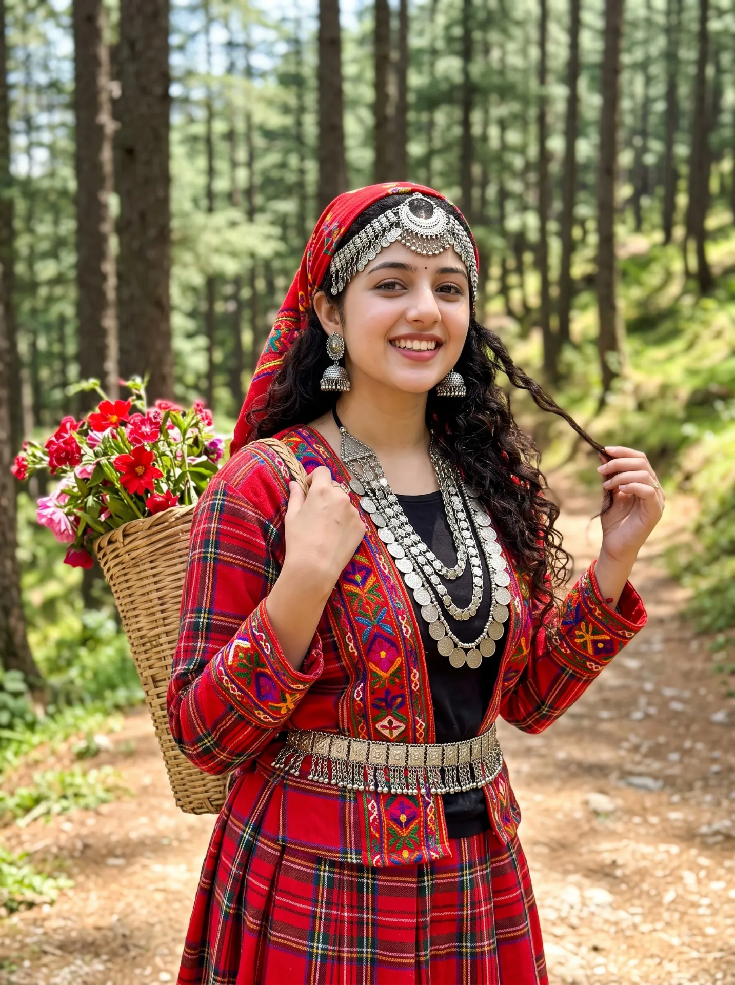 A medium shot of a beautiful young South Asian woman wearing traditional bright red Himachali/Pahari attire with intricate plaid pattern
