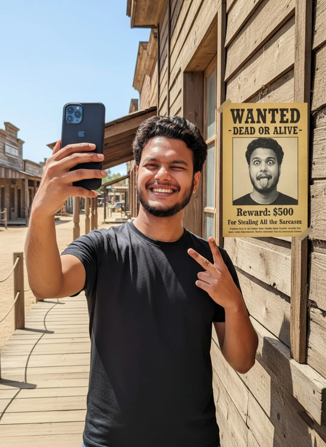 A young man with short curly dark hair, light beard and mustache, wearing a plain black t-shirt, stands on a wooden boardwalk in a dusty