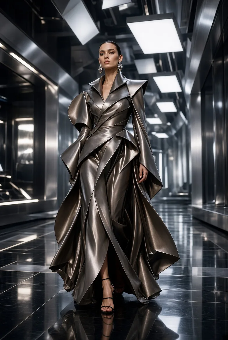 High-fashion model walking through an ultra-modern futuristic runway, sculptural couture outfit, reflective architectural surfaces,