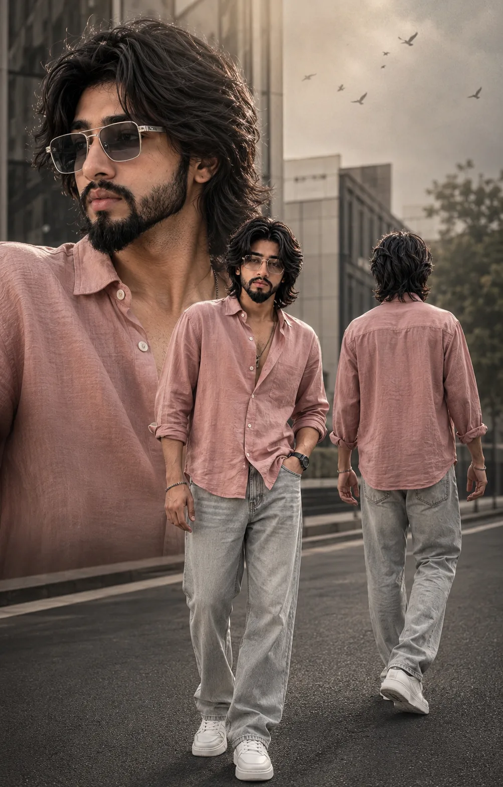 This composite photograph features a man with voluminous, dark hair and a beard, presented in a unique layout.