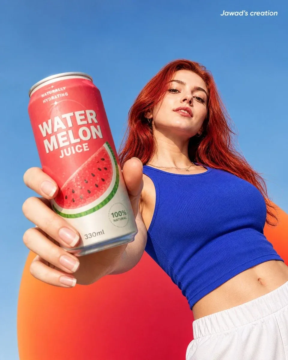 A highly realistic low-angle shot of a confident young woman with long, vibrant red hair, holding a watermelon juice can close to the