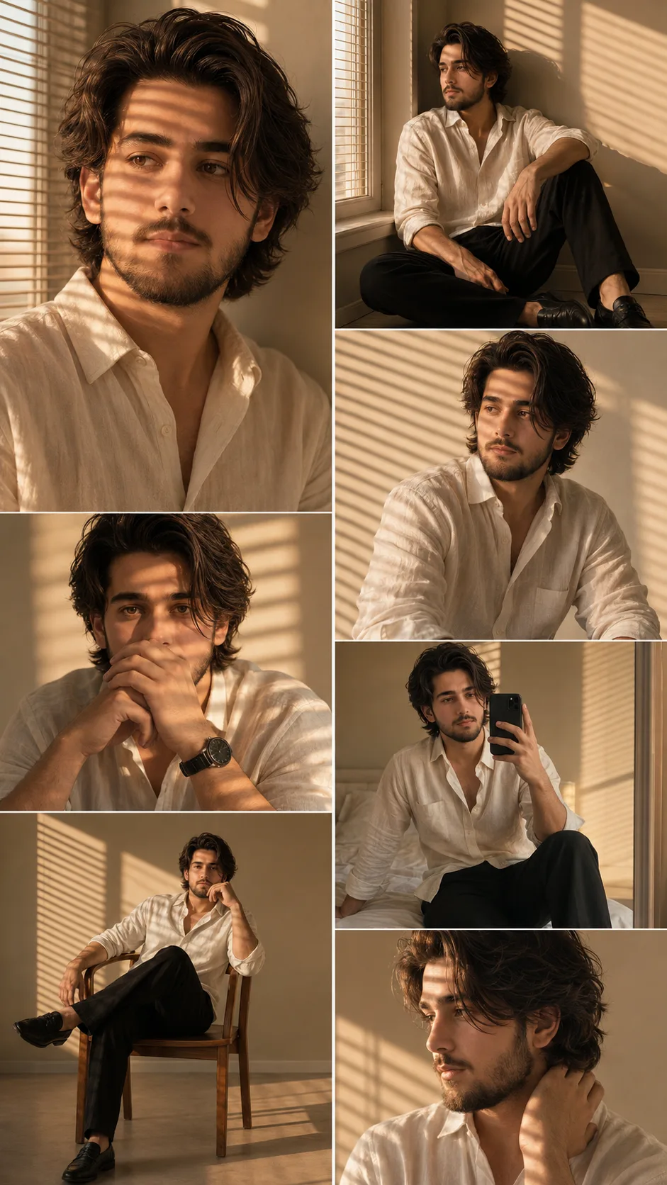 Create a highly realistic **cinematic 7-panel lifestyle fashion photography collage** featuring the **same handsome young adult man**