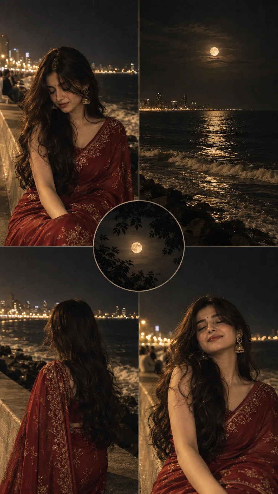 A cinematic, moody, nostalgic night photography collage of a beautiful Indian woman in a deep red embroidered saree, maintaining the same