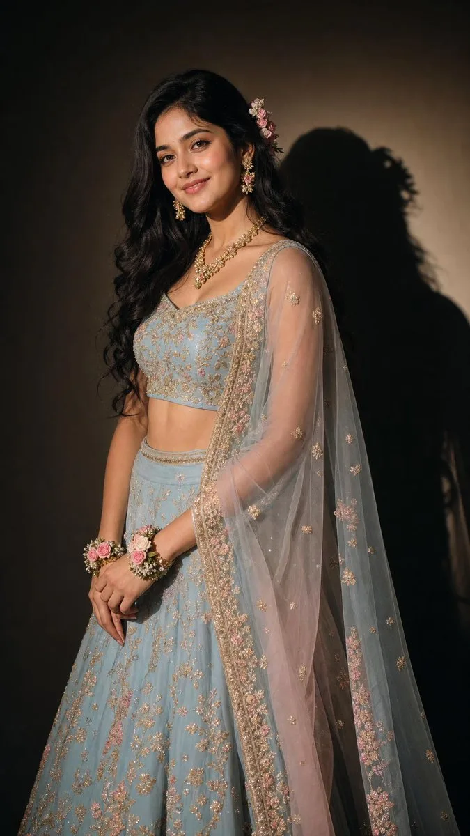 Elegant portrait of a woman in soft spotlight against a dark background, casting a clean shadow behind her.