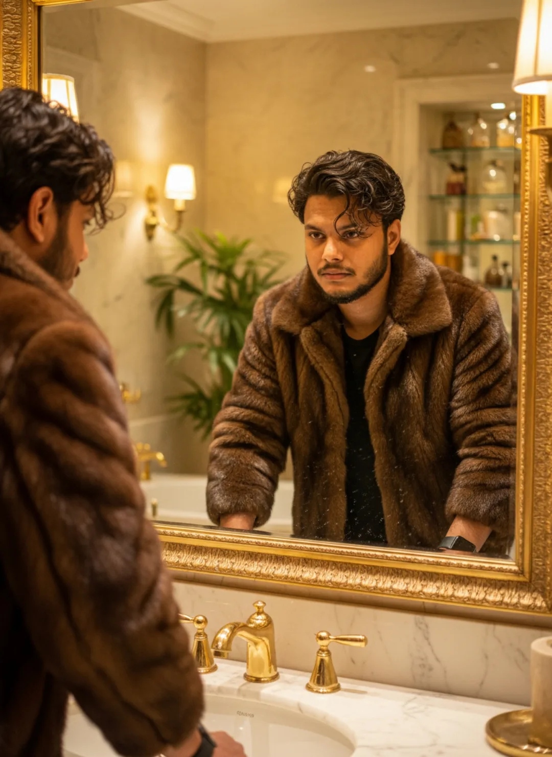 : * Subject: A 26-year-old south-asian man with curly dark hair and a well-groomed beard, wearing a luxurious brown furry winter jacket