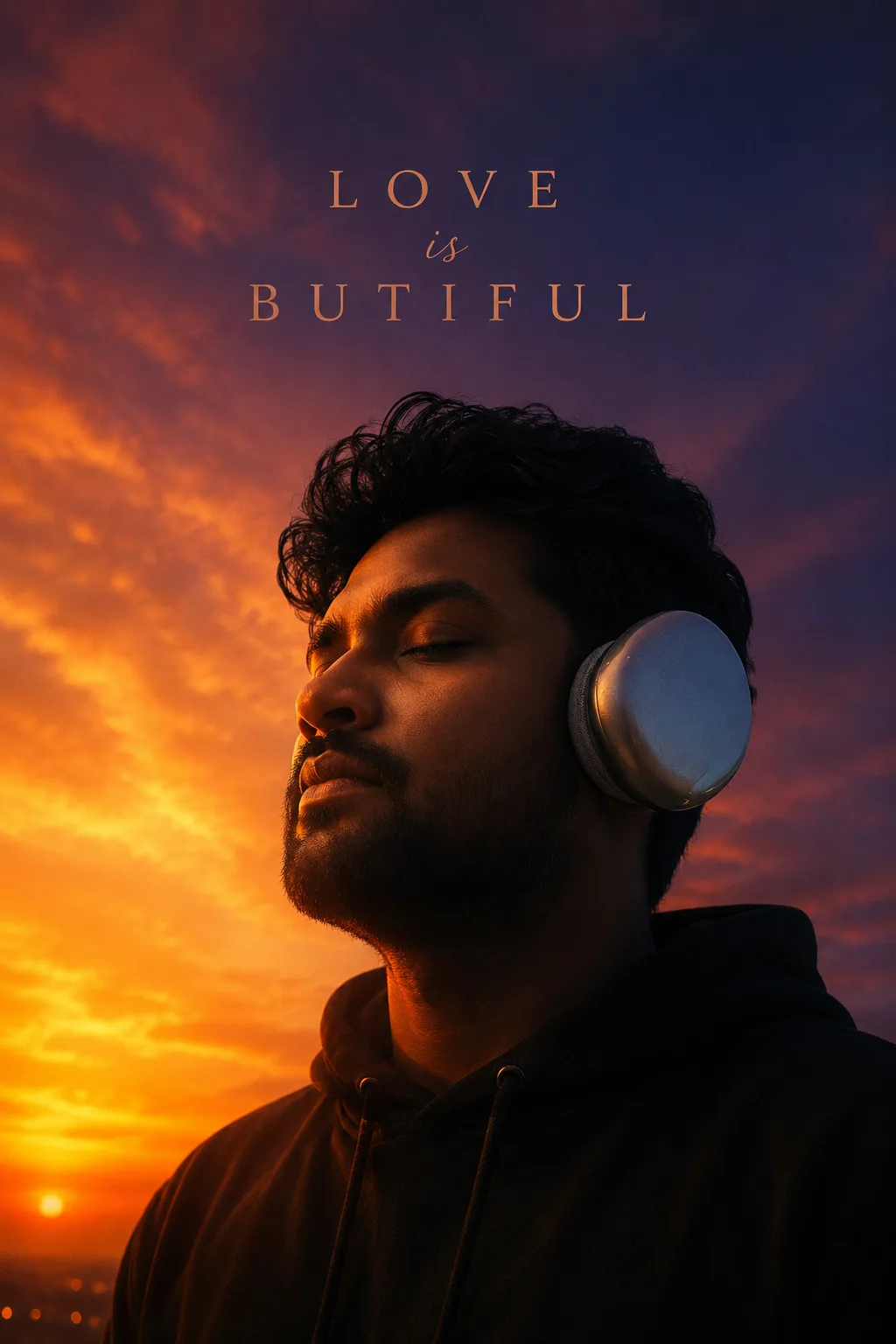 A dramatic cinematic portrait of a young South Asian man with curly hair and a short beard, eyes peacefully closed, wearing sleek silver