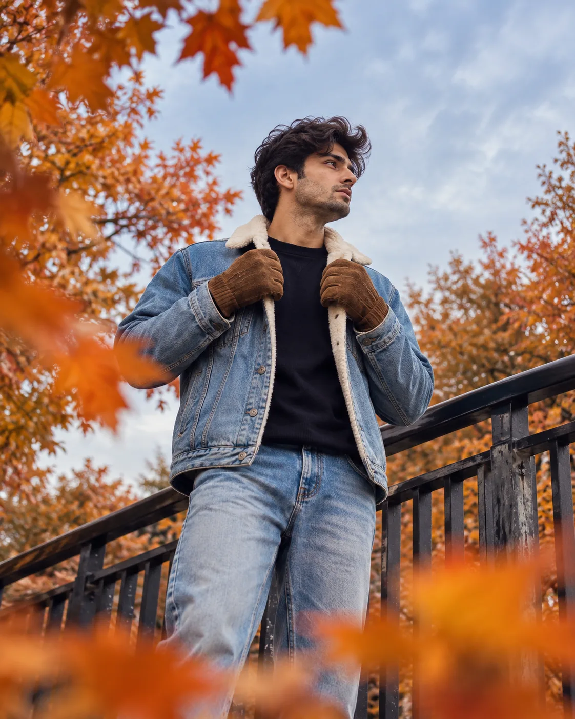 Create an ultra-realistic, high-resolution cinematic autumn fashion photograph based specifically on the uploaded reference image.