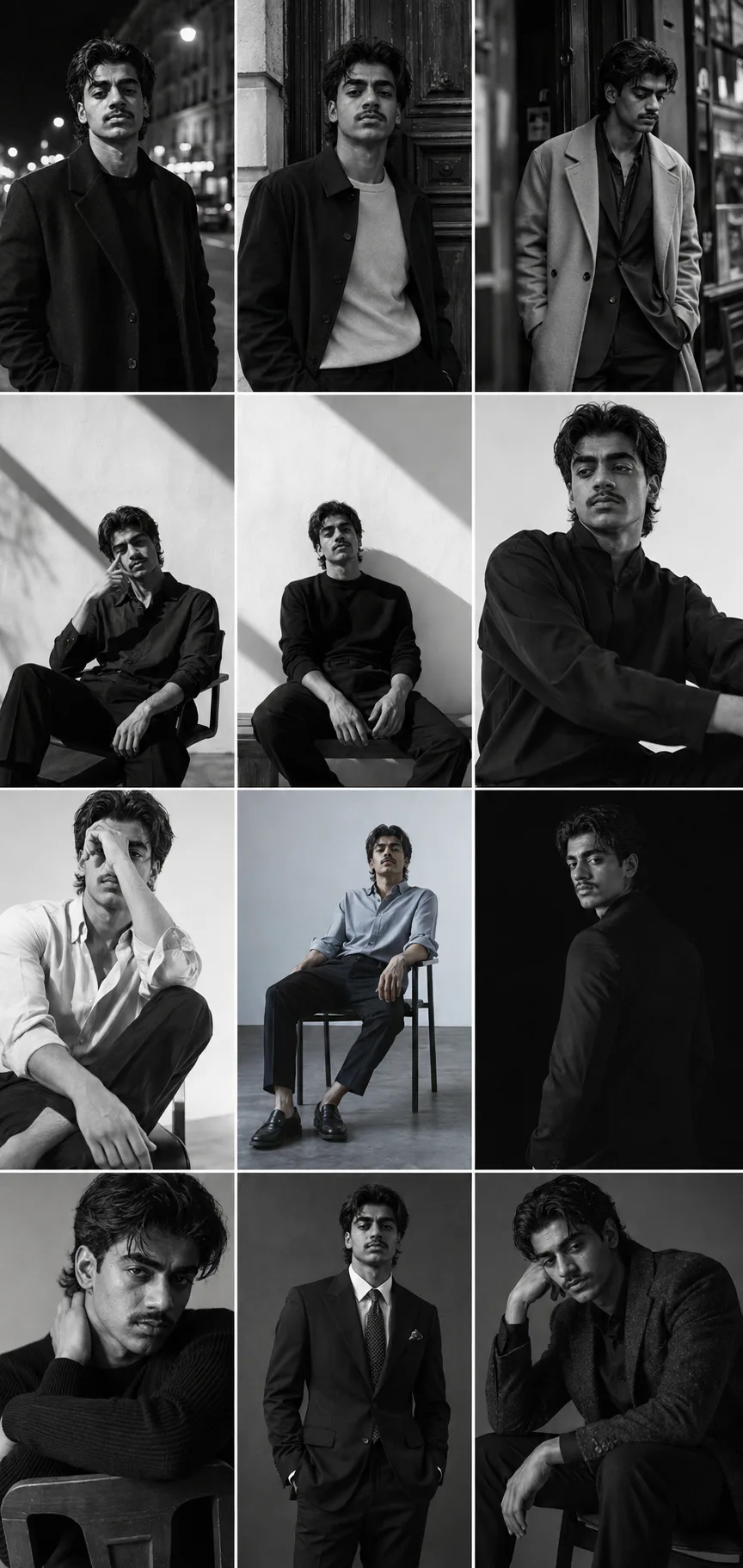 Exact Image Recreation Prompt Create a highly photorealistic black-and-white cinematic fashion editorial contact-sheet collage, closely