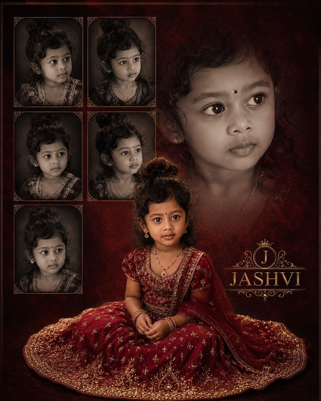 Ultra-realistic royal portrait of JASHVI, an adorable 3-year-old Indian baby girl with curly black hair in a high bun, chubby cheeks, huge